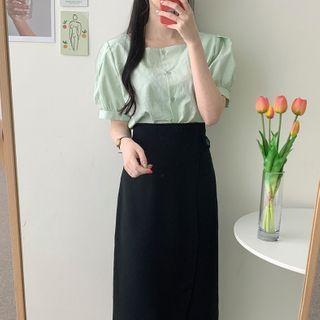 Plain Puff-sleeve Square-neck Blouse / Midi Straight-fit Skirt