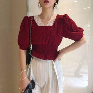 Puff-sleeve Lace Trim Shirred Blouse