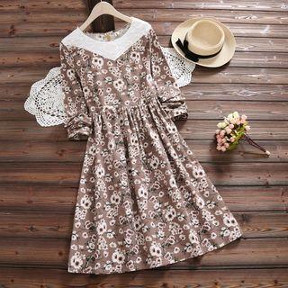 Floral Print Lace Trim Long Sleeve Dress