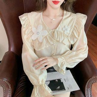 Long-sleeve Faux Pearl Floral Frill Trim Blouse