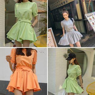 Puff-sleeve Top & Flared Skort Lounge Set