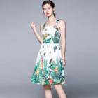 Wide Strap Butterfly Print A-line Dress