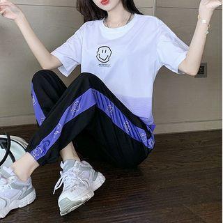 Set: Short-sleeve Smiley Face Print T-shirt + Sweatpants