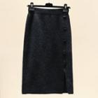 Button Detail Straight-fit Knit Skirt Black - One Size