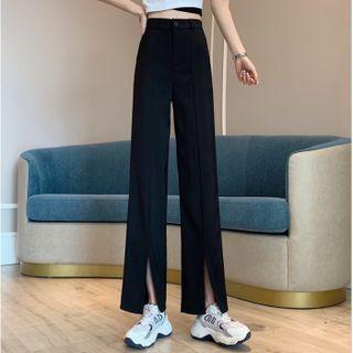 Plain Wide Leg Slit High Waist Pants