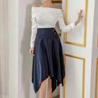 Off-shoulder Blouse / Buckled Midi A-line Skirt