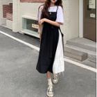 Elbow-sleeve T-shirt / Drawstring Midi A-line Overall Dress