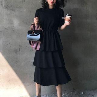 Elbow-sleeve A-line Midi Tiered Dress Black - One Size