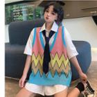 Neck Tie Elbow-sleeve Shirt / Color Block Vest