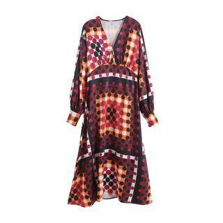 Long-sleeve V-neck Dotted Maxi A-line Dress
