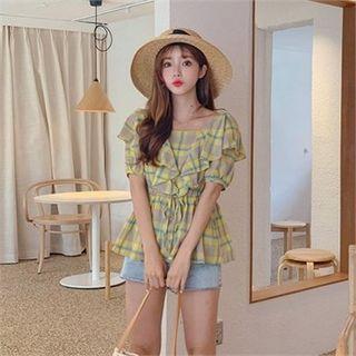 Ruffled Plaid Peplum Blouse Yellow - One Size