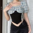 Square Neck Puff Sleeves Plaid Top With Lace Tie Side Corset Detail