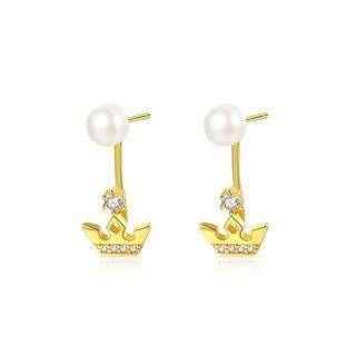 Sterling Silver Plated Gold Simple Fashion Crown Earrings With Freshwater Pearls And Cubic Zirconia Golden - One Size
