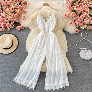 Sleeveless Lace Trim Chiffon Jumpsuit