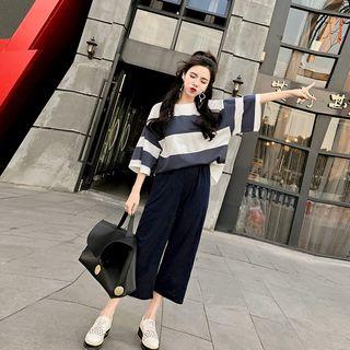 Set: 3/4-sleeve Two-tone Top + Wide-leg Pants