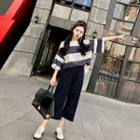 Set: 3/4-sleeve Two-tone Top + Wide-leg Pants
