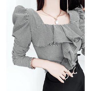 Ruffle-front Check Blouse Black - One Size