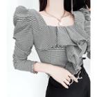 Ruffle-front Check Blouse Black - One Size