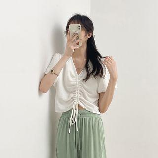 V-neck Plain Pleated Drawstring Cropped Top