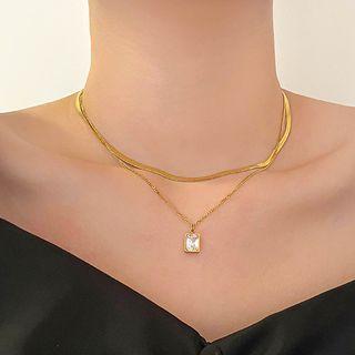 Square Pendant Layered Stainless Steel Necklace Type A - Gold - One Size