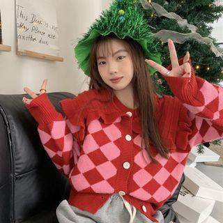 Polo-neck Argyle Print Cardigan