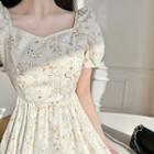 Puff-sleeve Frog-button Embroidered Midi A-line Dress