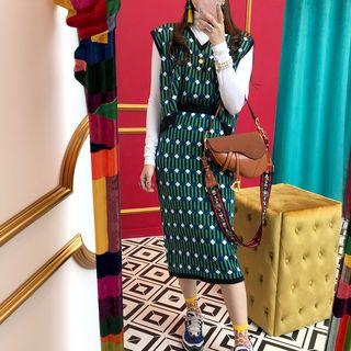 Turtleneck Long-sleeve Top/ Diamond Patterned Sweater Vest/ Midi Knit Skirt/ Set