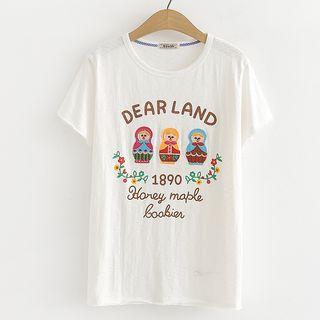 Short-sleeve Cartoon Applique T-shirt White - One Size