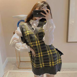 Checked Knit Vest / Long Shirt