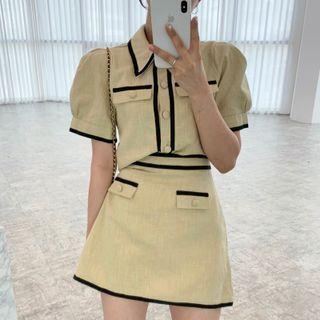 Short-sleeve Button-up Blouse / A-line Skirt