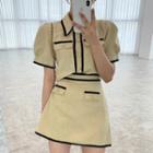 Short-sleeve Button-up Blouse / A-line Skirt