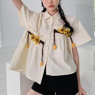 Elbow-sleeve Flower Applique Asymmetrical Shirt