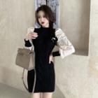 Puff-sleeve Knit Dress Black & Beige - One Size