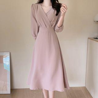 Balloon-sleeve Long Wrap Dress