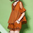 Set: Short-sleeve Shoulder Cut Out Top + Shorts