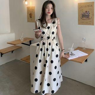 Sleeveless Square Neck Polka Dot Midi Dress