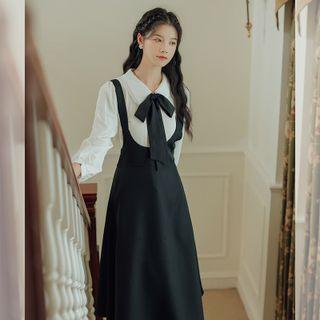Set: Flared-cuff Blouse + Midi Overall Dress