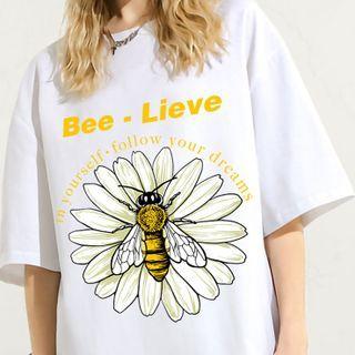 Elbow-sleeve Bee Print T-shirt