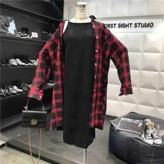 Set: Plaid Shirt + Spaghetti-strap Dress
