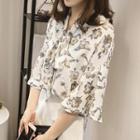 3/4-sleeve Floral Ribbon Top