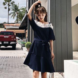 Crochet Panel Off Shoulder Short Sleeve Dress