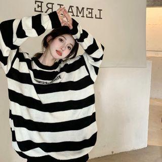 Letter Embroidered Cutout Striped Sweater