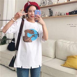 Short-sleeve Distressed Printed T-shirt White - One Size