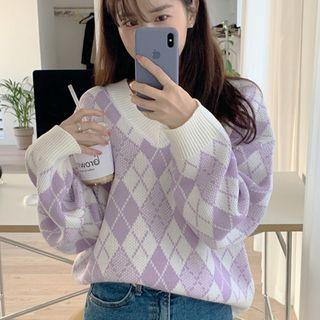 Drop-shoulder Argyle Patterned Knit Top Purple - One Size