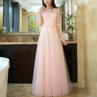 Elbow-sleeve Midi Prom Dress / A-line Evening Gown