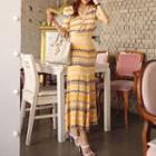 Set: Short-sleeve Patterned Knit Top + Maxi Knit Skirt Set - Yellow - One Size