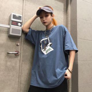 Short Sleeve Print T-shirt Blue - One Size