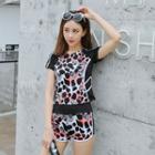 Set: Printed Short-sleeve Tankini Top + Swim Shorts