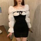 Puff-sleeve Mock Two-piece Bow Mini Dress