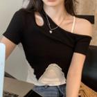 Mock Two-piece Short-sleeve Cold Shoulder Irregular Top